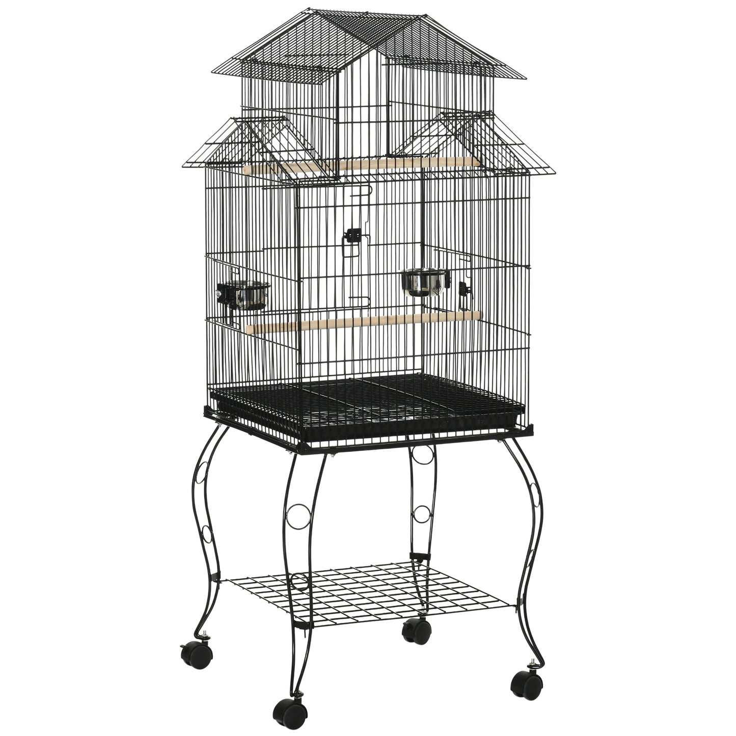 Colivie pentru Pasari pentru Interior din Otel si Lemn cu Tava Detasabila. 4 Roti, Recipient pentru Aliemnte, 51,5x50x140cm, Neagra