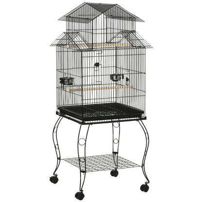 Colivie pentru Pasari pentru Interior din Otel si Lemn cu Tava Detasabila. 4 Roti, Recipient pentru Aliemnte, 51,5x50x140cm, Neagra