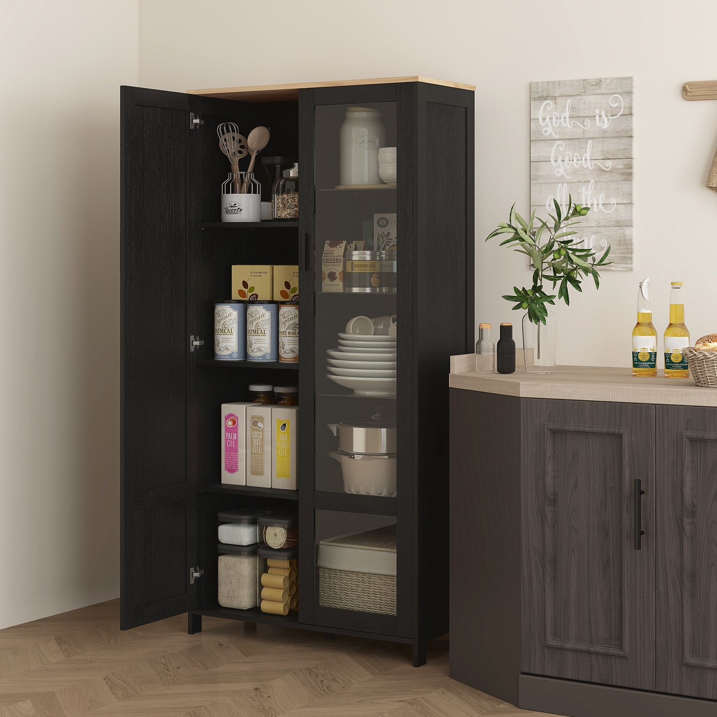 Dulap de Bucătărie cu 9 Rafturi Reglabile, cu Uși de Sticlă și Bază Înălțată din Lemn, 76x36x160 cm, Negru