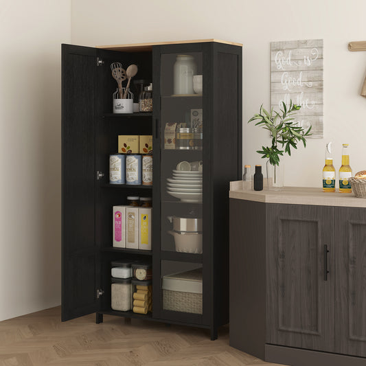Dulap de Bucătărie cu 9 Rafturi Reglabile, cu Uși de Sticlă și Bază Înălțată din Lemn, 76x36x160 cm, Negru