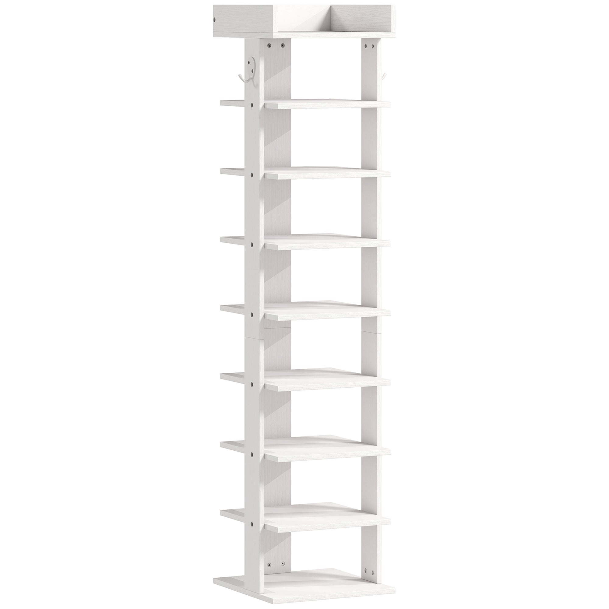Pantofar 9 niveluri organizator din lemn pentru pantofi cu raft superior și 2 cârlige, pentru hol, Alb