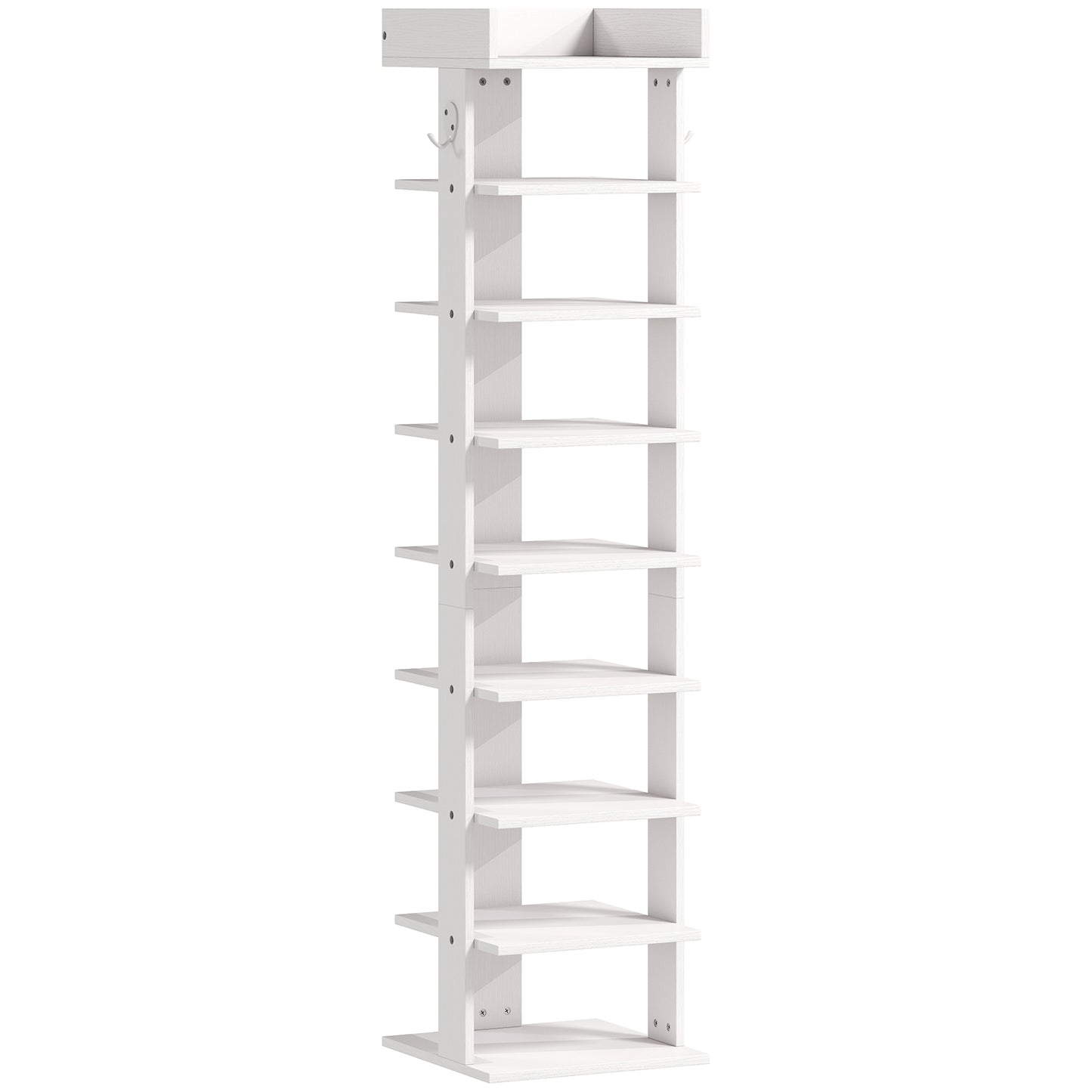 Pantofar 9 niveluri organizator din lemn pentru pantofi cu raft superior și 2 cârlige, pentru hol, Alb