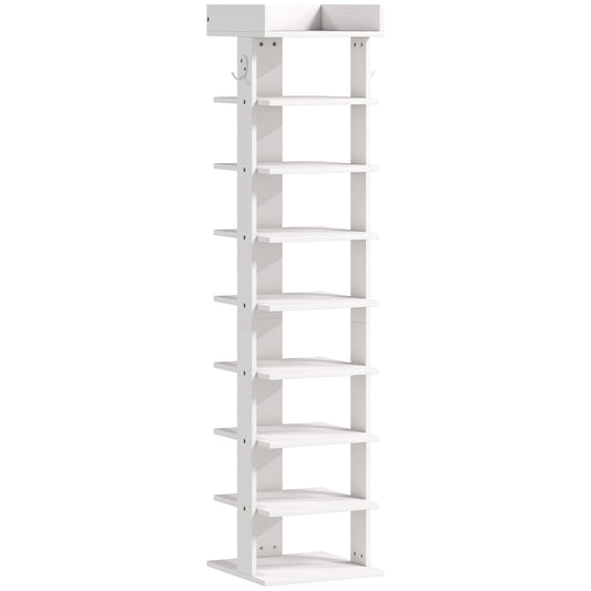 Pantofar 9 niveluri organizator din lemn pentru pantofi cu raft superior și 2 cârlige, pentru hol, Alb