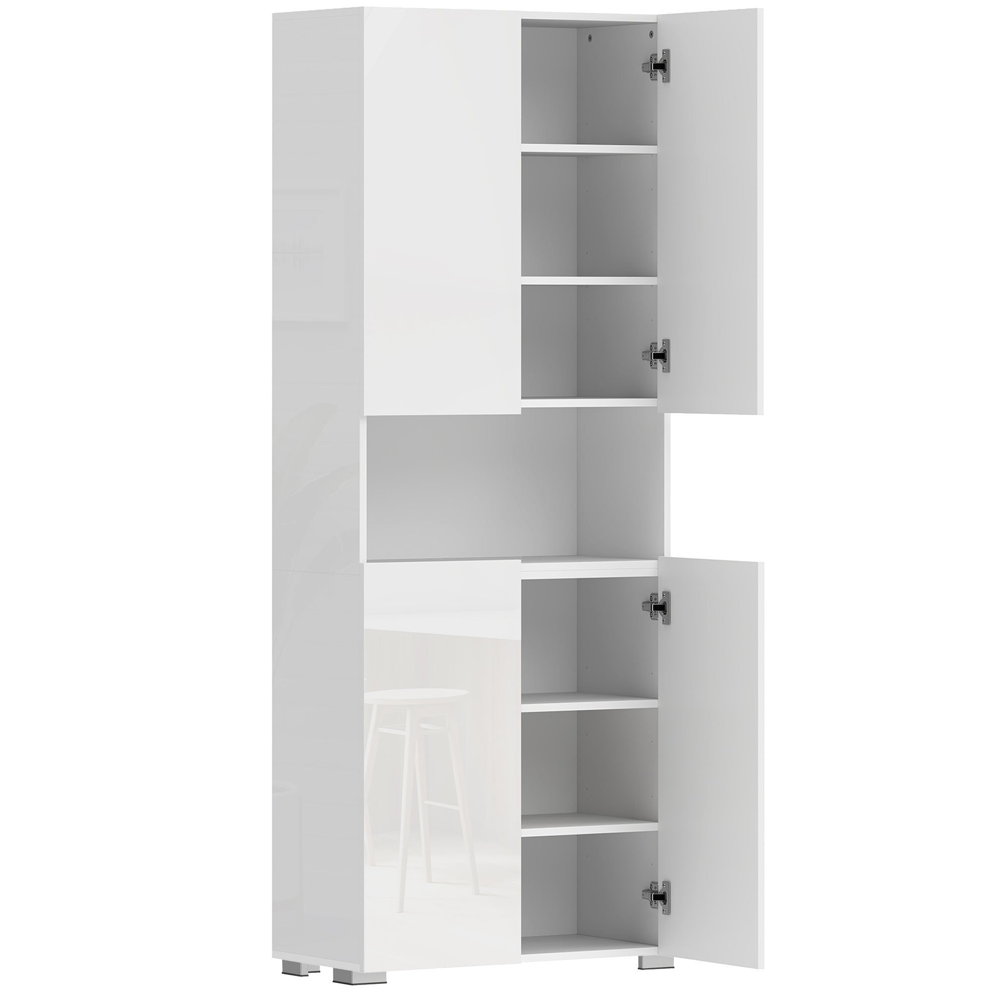 Dulap Bucătărie Înalt 180cm, Mobilier Depozitare cu Uși Soft-Close, Raft Deschis, 2 Dulapuri, Rafturi Ajustabile, Stil Modern pentru Sufragerie sau Bucătărie, Alb Lucios