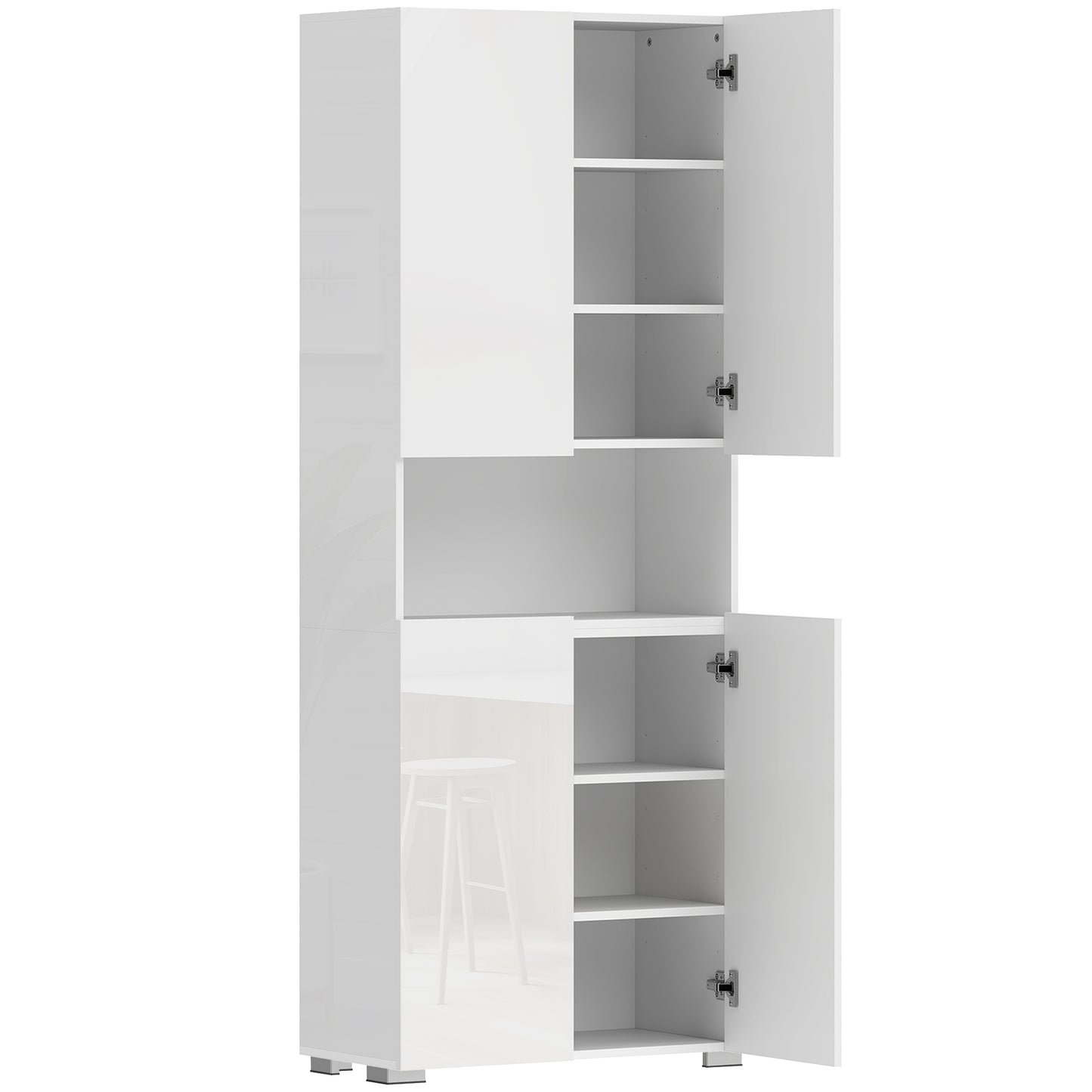 Dulap Bucătărie Înalt 180cm, Mobilier Depozitare cu Uși Soft-Close, Raft Deschis, 2 Dulapuri, Rafturi Ajustabile, Stil Modern pentru Sufragerie sau Bucătărie, Alb Lucios