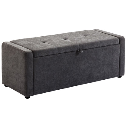 , Bancă de depozitare, suport pentru picioare, Material textil cu efect de in, 122 x 48 x 44 cm, Gri Închis