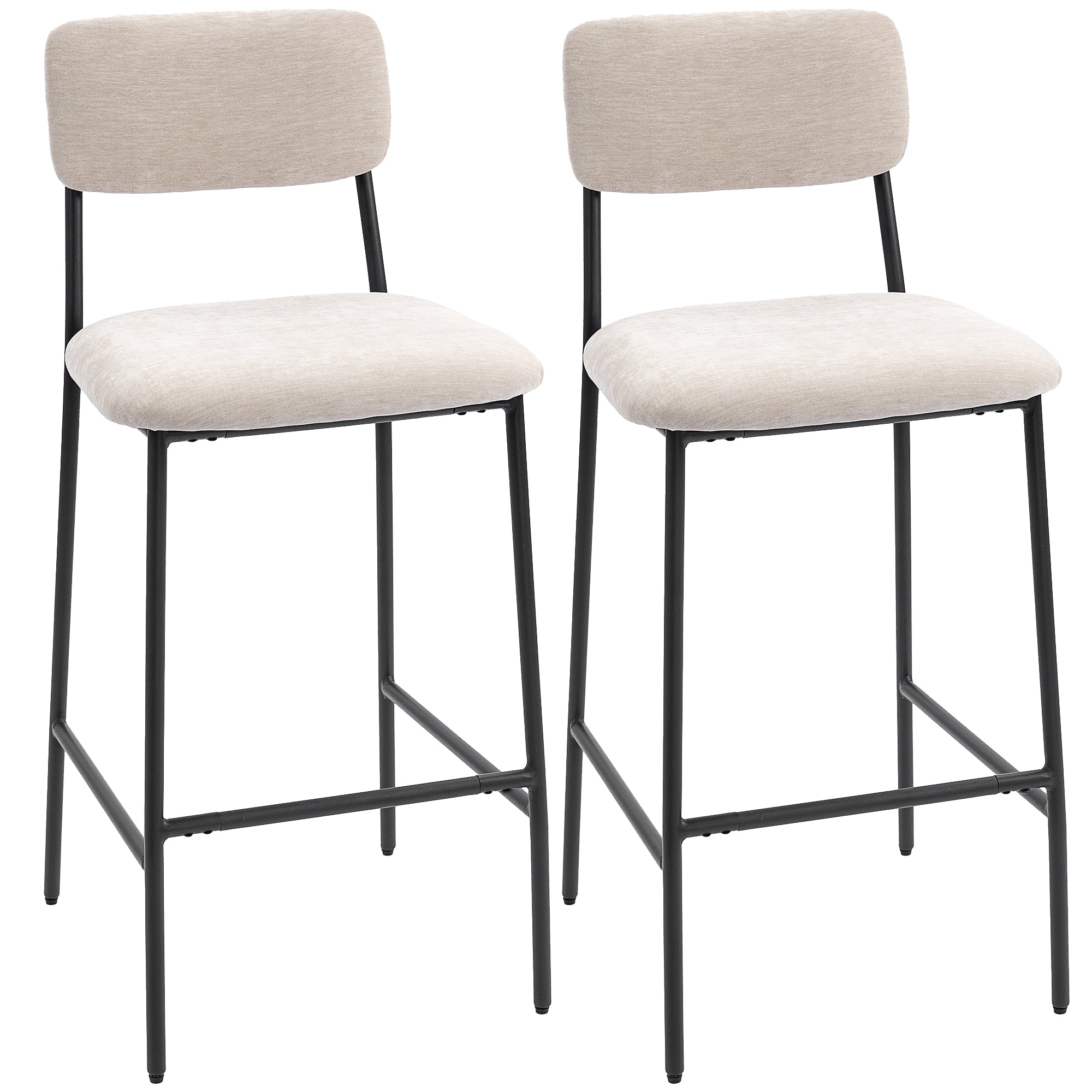 , Set 2 Scaune de Bar cu Spătar Înalt, Suport pentru Picioare, Chenille, oțel, 45.5 x 48 x 101cm, Crem