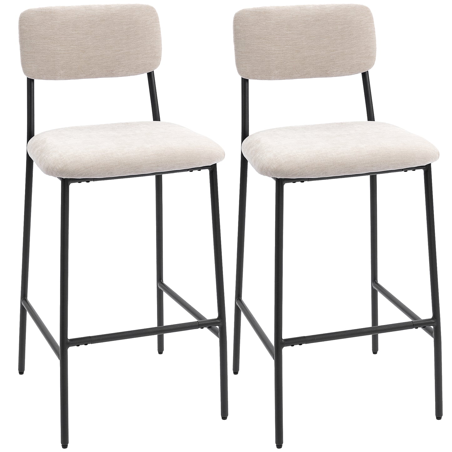 , Set 2 Scaune de Bar cu Spătar Înalt, Suport pentru Picioare, Chenille, oțel, 45.5 x 48 x 101cm, Crem
