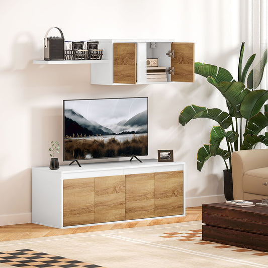 Set Mobilier TV și Dulap Suspendat cu 7 Rafturi și Raft Deschis, Mobilier pentru TV din PAL, 120x41x43,3 cm, Alb