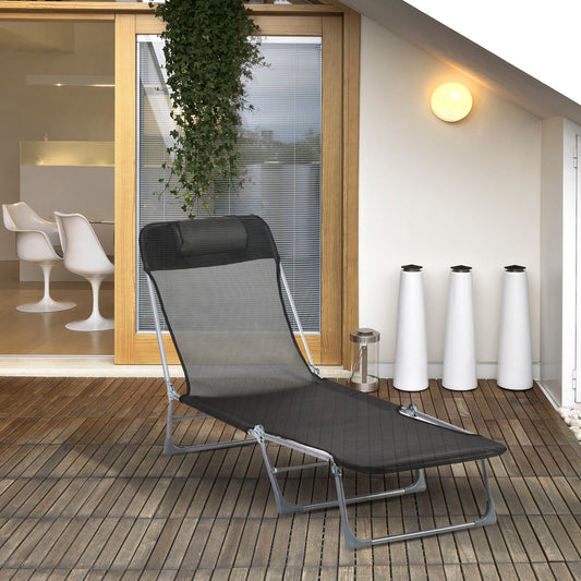 Șezlong Pliabil cu Spătar Reglabil pe 5 Niveluri și Pernă, Șezlong de Grădină cu Material Texteline, pentru Plajă Piscină Grădină, 182x56x28 cm, Negru