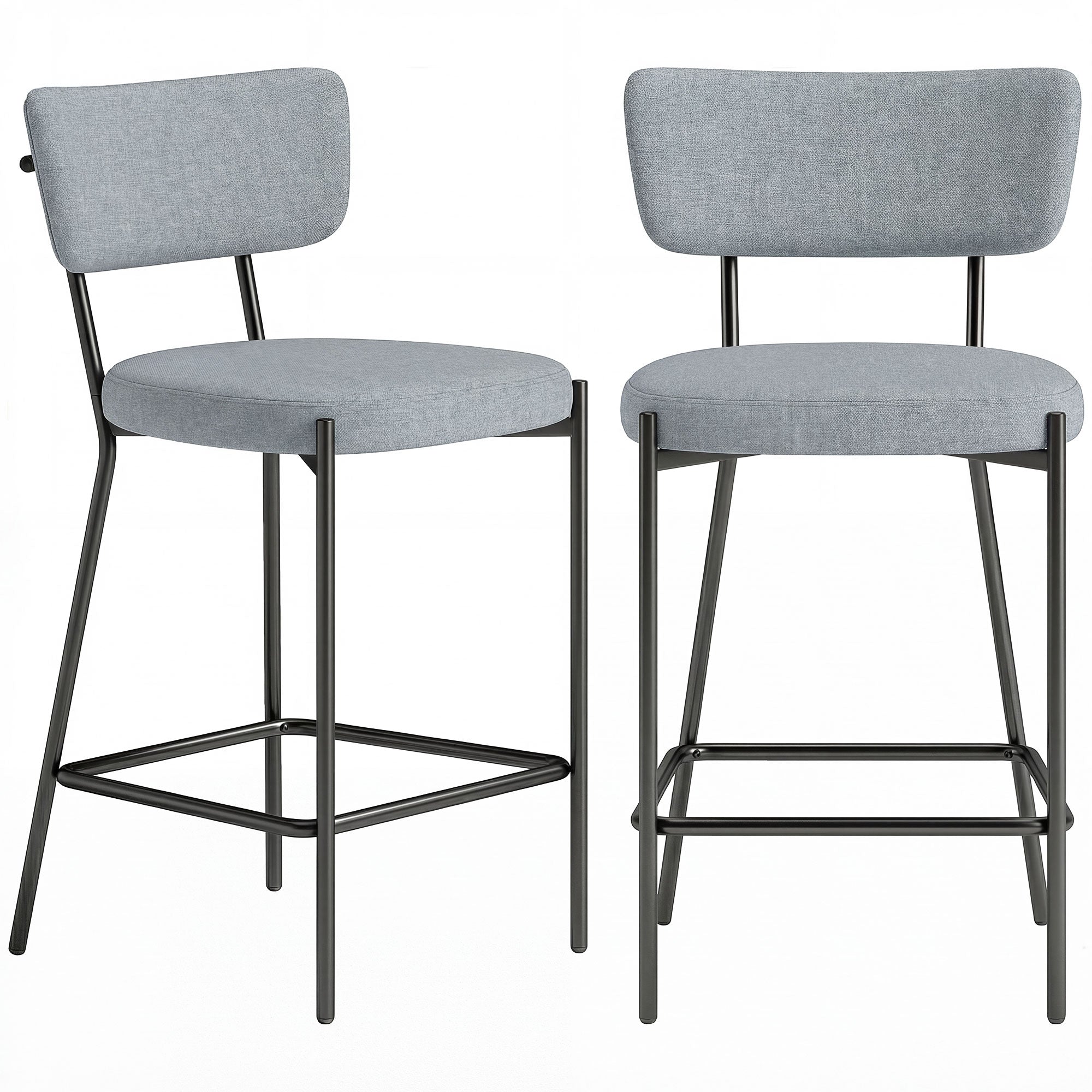 Set de 2 Scaune de Bar cu Spătar și Tapițate, Scaune înalte din material textil cu suport pentru picioare integrat și structură din metal ușor de montat, Scaune pentru bucătărie și living, Gri deschis