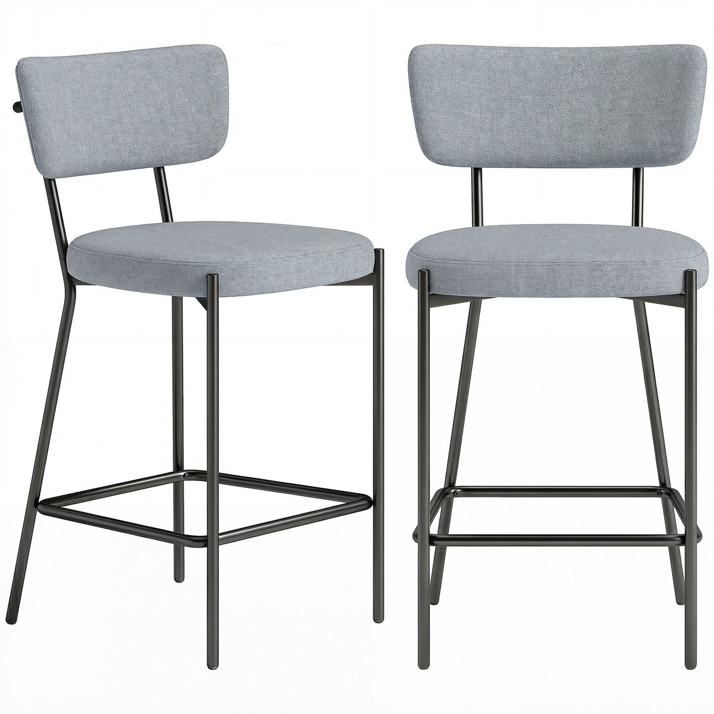 Set de 2 Scaune de Bar cu Spătar și Tapițate, Scaune înalte din material textil cu suport pentru picioare integrat și structură din metal ușor de montat, Scaune pentru bucătărie și living, Gri deschis