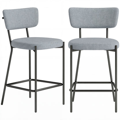 Set de 2 Scaune de Bar cu Spătar și Tapițate, Scaune înalte din material textil cu suport pentru picioare integrat și structură din metal ușor de montat, Scaune pentru bucătărie și living, Gri deschis