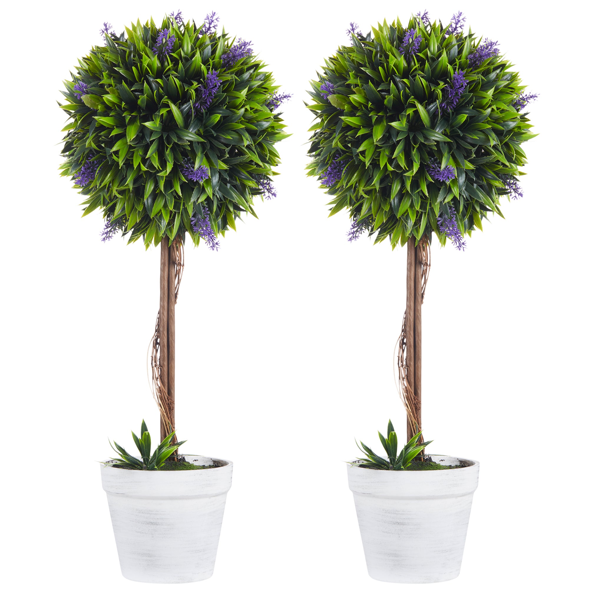 Set 2 Plante Artificiale Sferice cu Flori de Lavandă şi Vas, Ø24x60 cm, Verde
