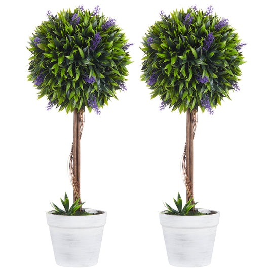 Set 2 Plante Artificiale Sferice cu Flori de Lavandă şi Vas, Ø24x60 cm, Verde