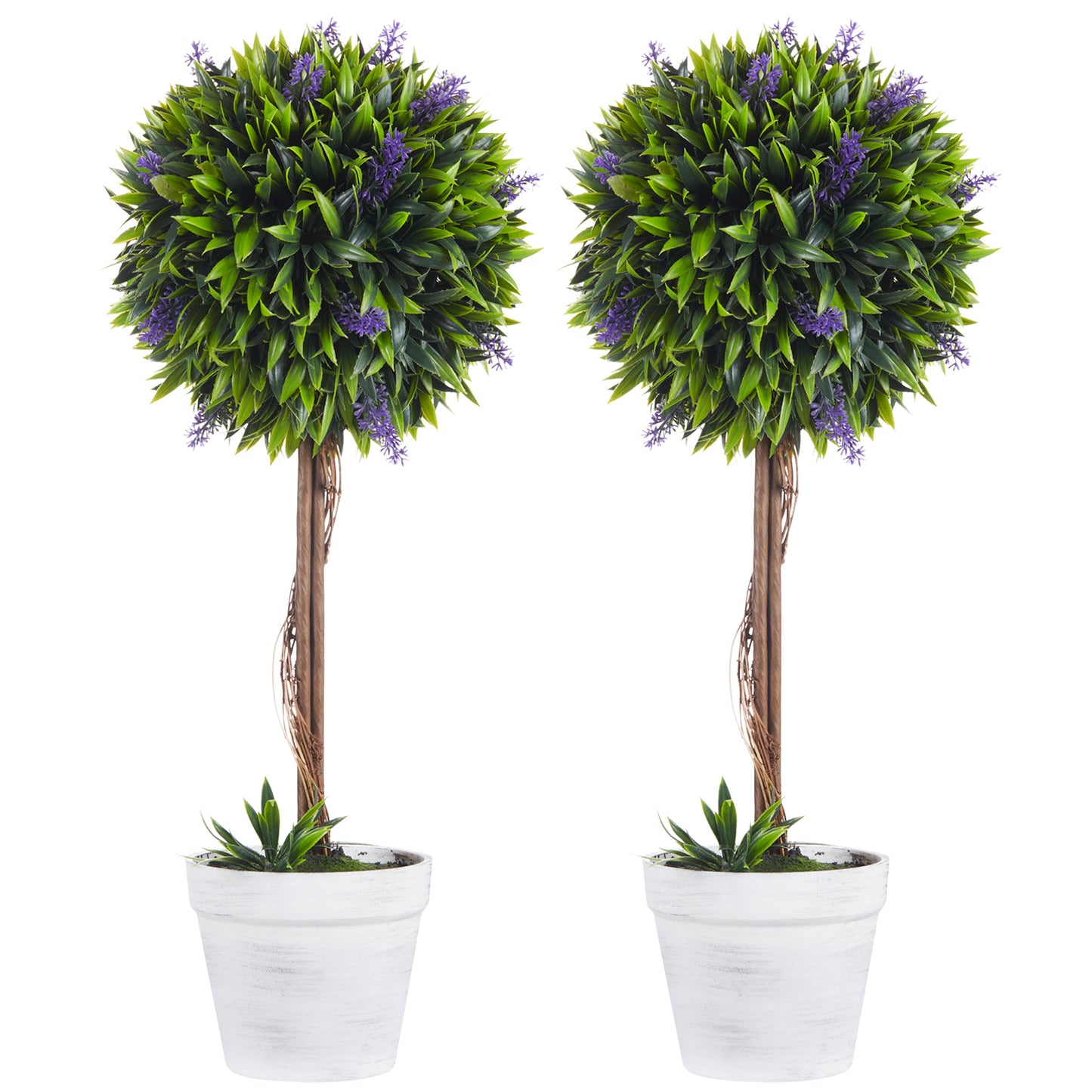 Set 2 Plante Artificiale Sferice cu Flori de Lavandă şi Vas, Ø24x60 cm, Verde