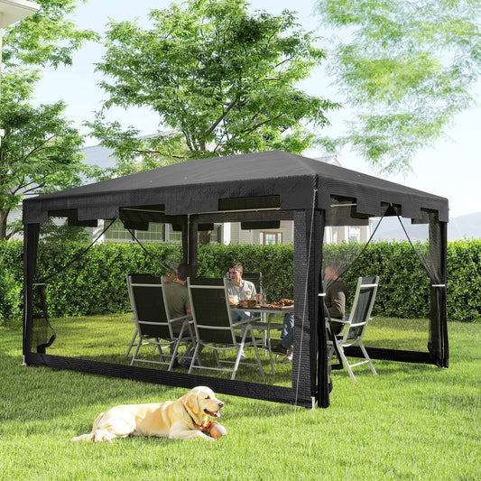 Foisor 4x3 m cu Plasa de Tantari si 2 Intrari, Foisor de Gradina din Metal si PE, Gri Inchis