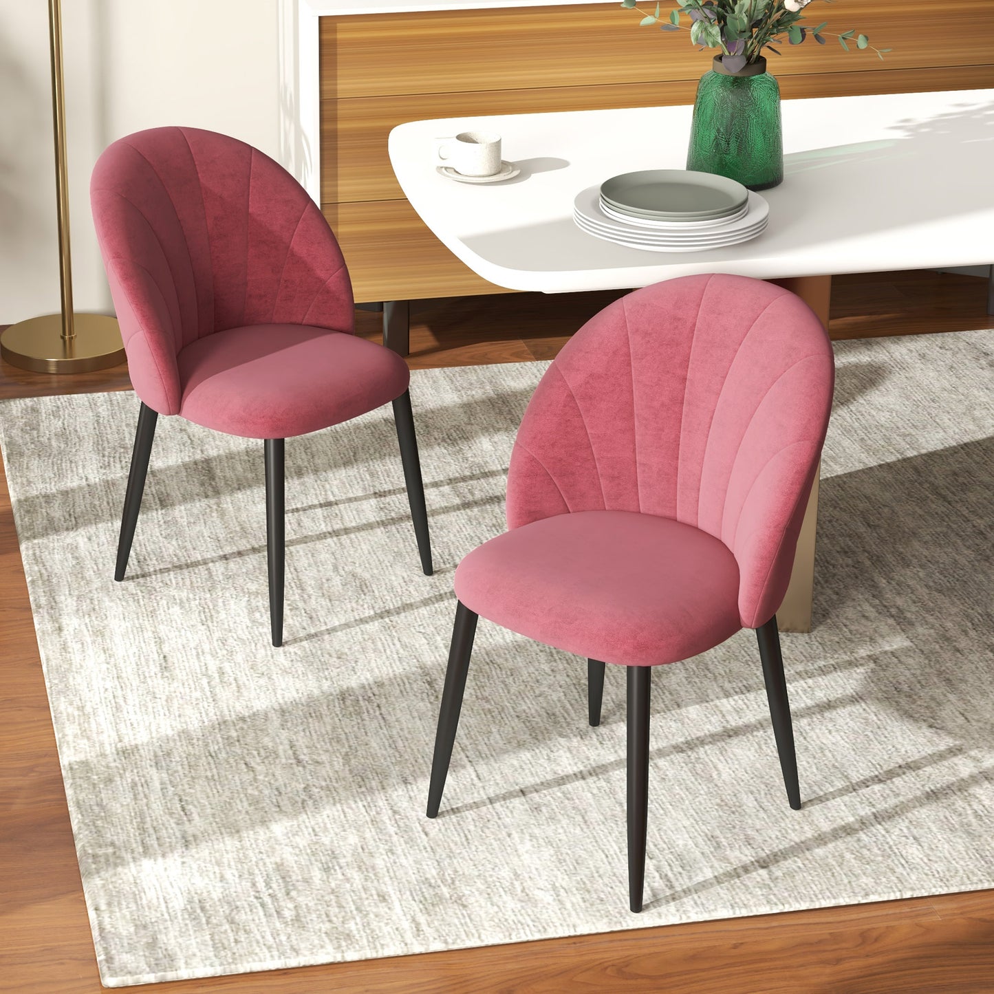 Set 2 Scaune de Sufragerie din Catifea, Scaune Capitonate pentru Salon si Sufragerie cu Picioare din Metal, Rosu