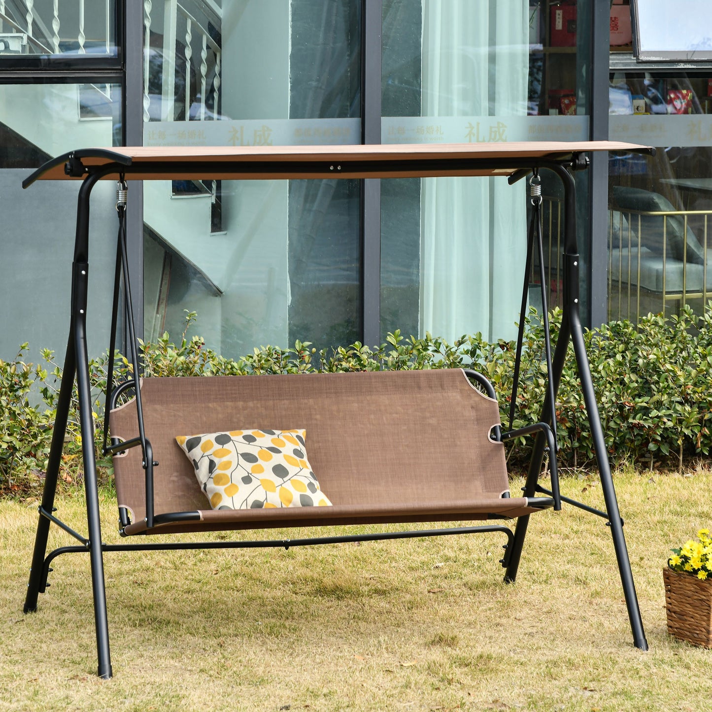 Balansoar de Gradina/Terasa 3 Locuri cu Baldachin Reglabil din Metal si Textilen, 172x110x155 cm, Maro