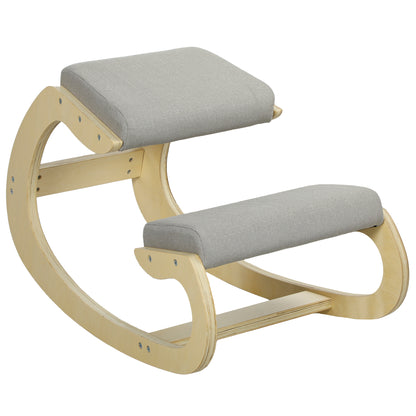 Sedia Ergonomica con Inginocchiatoio e Reclinabile, in Tessuto Effetto Lino e Legno, 55x85x55 cm, Grigio Chiaro