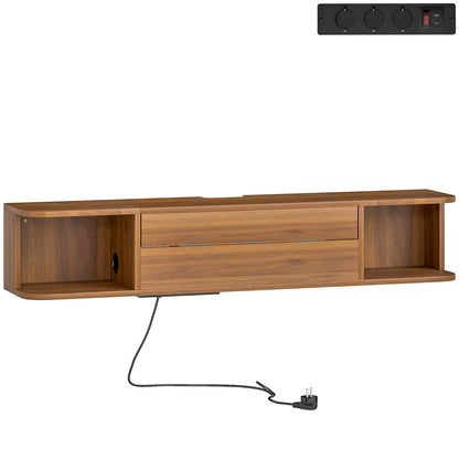Mobilier TV Suspendat până la 50" cu Prize, USB și Tip C, Sertar și Rafturi, 120x24x22.4 cm, Nuc