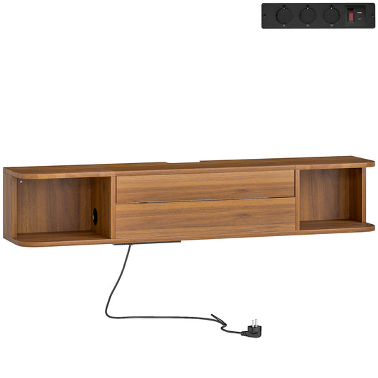 Mobilier TV Suspendat până la 50" cu Prize, USB și Tip C, Sertar și Rafturi, 120x24x22.4 cm, Nuc