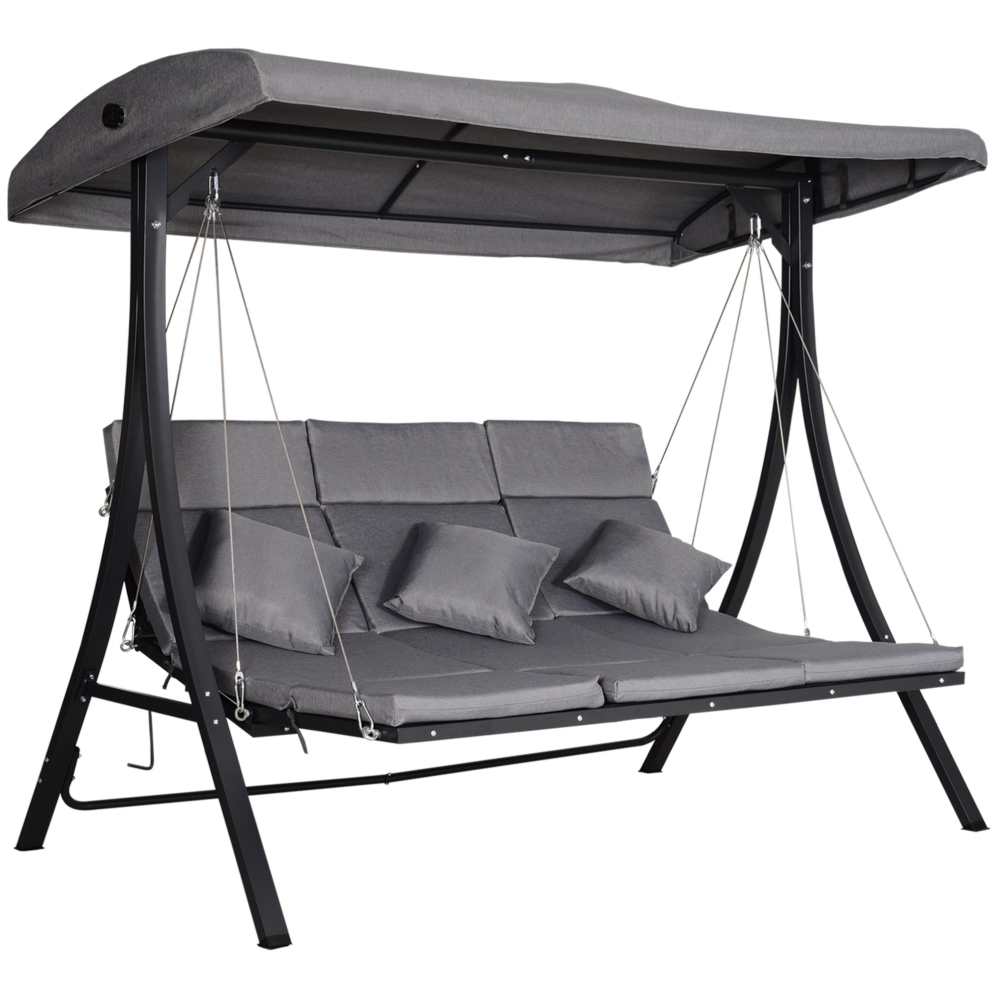 Balansoar cu 3 Scaune din Material Textil cu Perne si Acoperis Reglabil, Gri, 200x115x168 cm