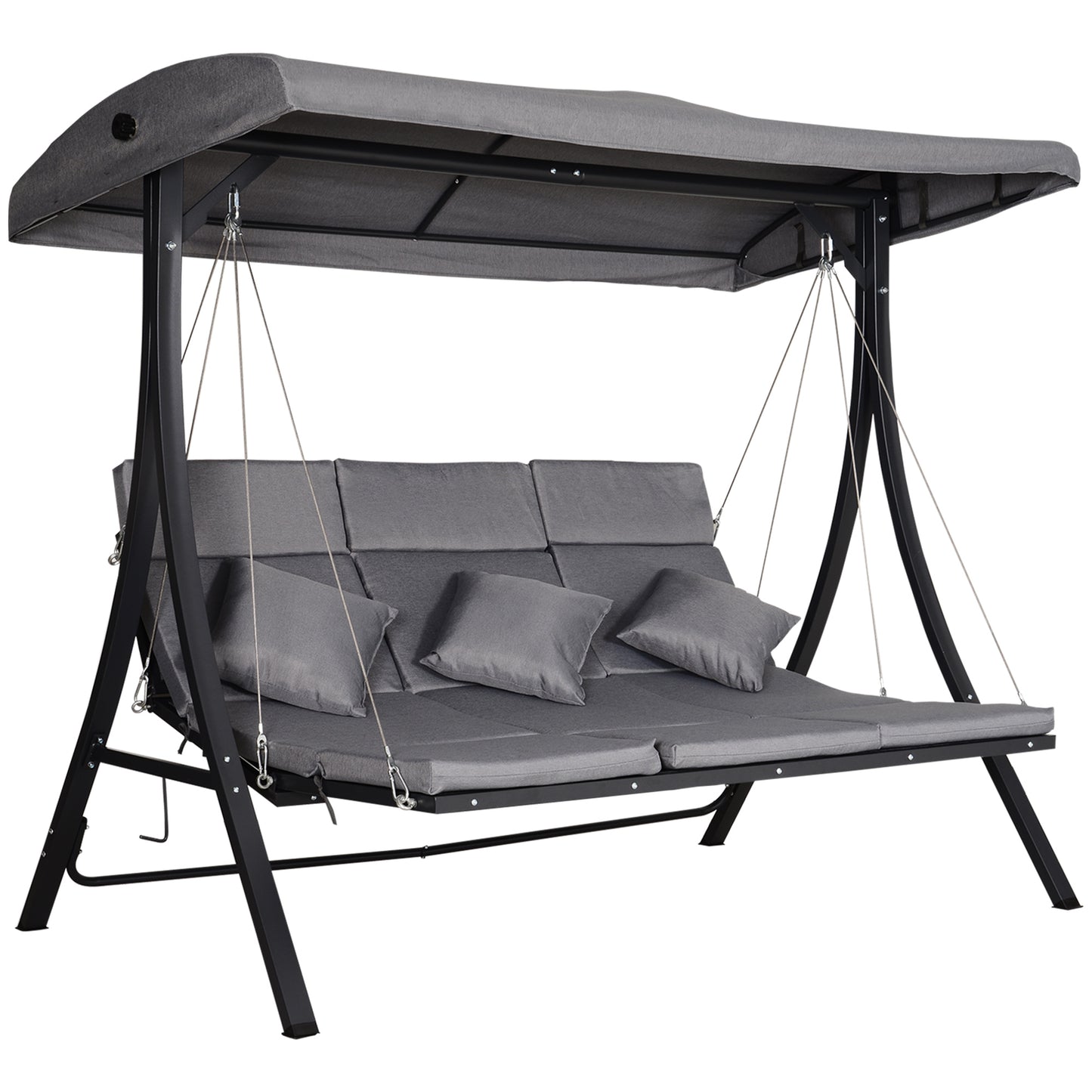 Balansoar cu 3 Scaune din Material Textil cu Perne si Acoperis Reglabil, Gri, 200x115x168 cm