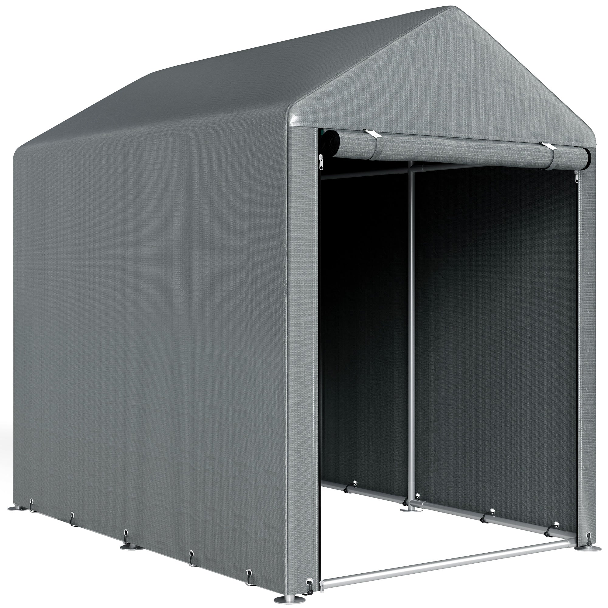 Șopron pentru unelte anti-UV cu intrare cu fermoar, din oțel galvanizat și material PE, 120x179x165 cm, gri închis