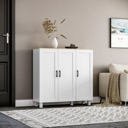 Bufet de Bucătărie din Lemn cu 3 Uși, Rafturi Reglabile, Stil Minimalist Nordic, 90x30x90cm, Alb