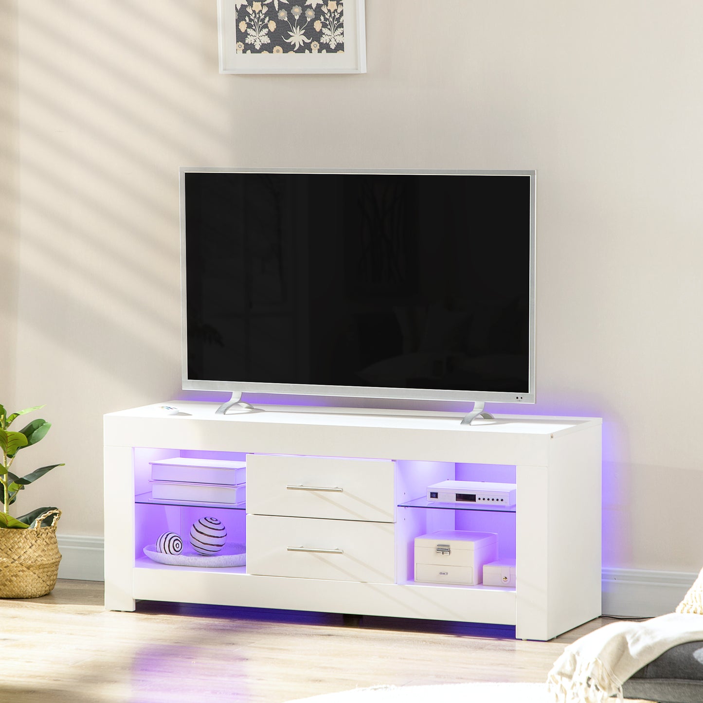 Comoda TV cu LED RGB – 55”, Etajere Sticla & Telecomanda, 12 Culori, 10W