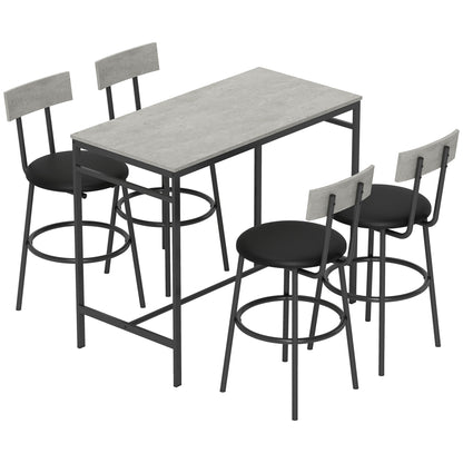 Set masă înaltă și 4 scaune de bar cu spătar și suport pentru picioare, stil industrial, gri ciment
