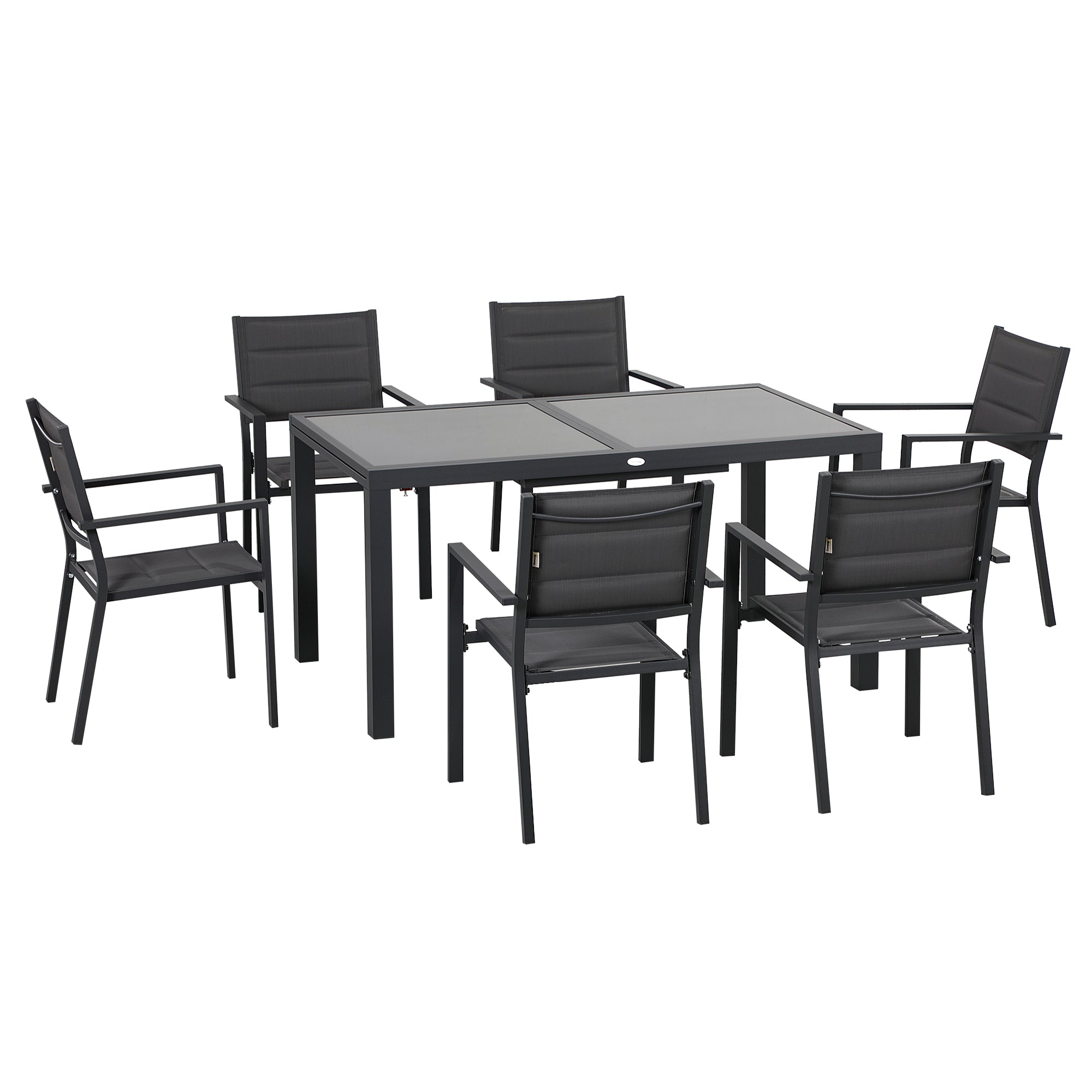 Set de Gradina din Aluminiu 7 Piese cu Masa Dreptunghiulara Extensibila si 6 Scaune de Exterior cu Sezuta din Plasa Respirabila, Gri