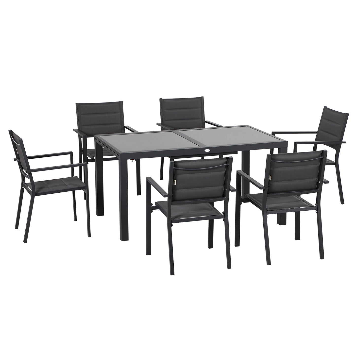 Set de Gradina din Aluminiu 7 Piese cu Masa Dreptunghiulara Extensibila si 6 Scaune de Exterior cu Sezuta din Plasa Respirabila, Gri