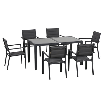 Set de Gradina din Aluminiu 7 Piese cu Masa Dreptunghiulara Extensibila si 6 Scaune de Exterior cu Sezuta din Plasa Respirabila, Gri