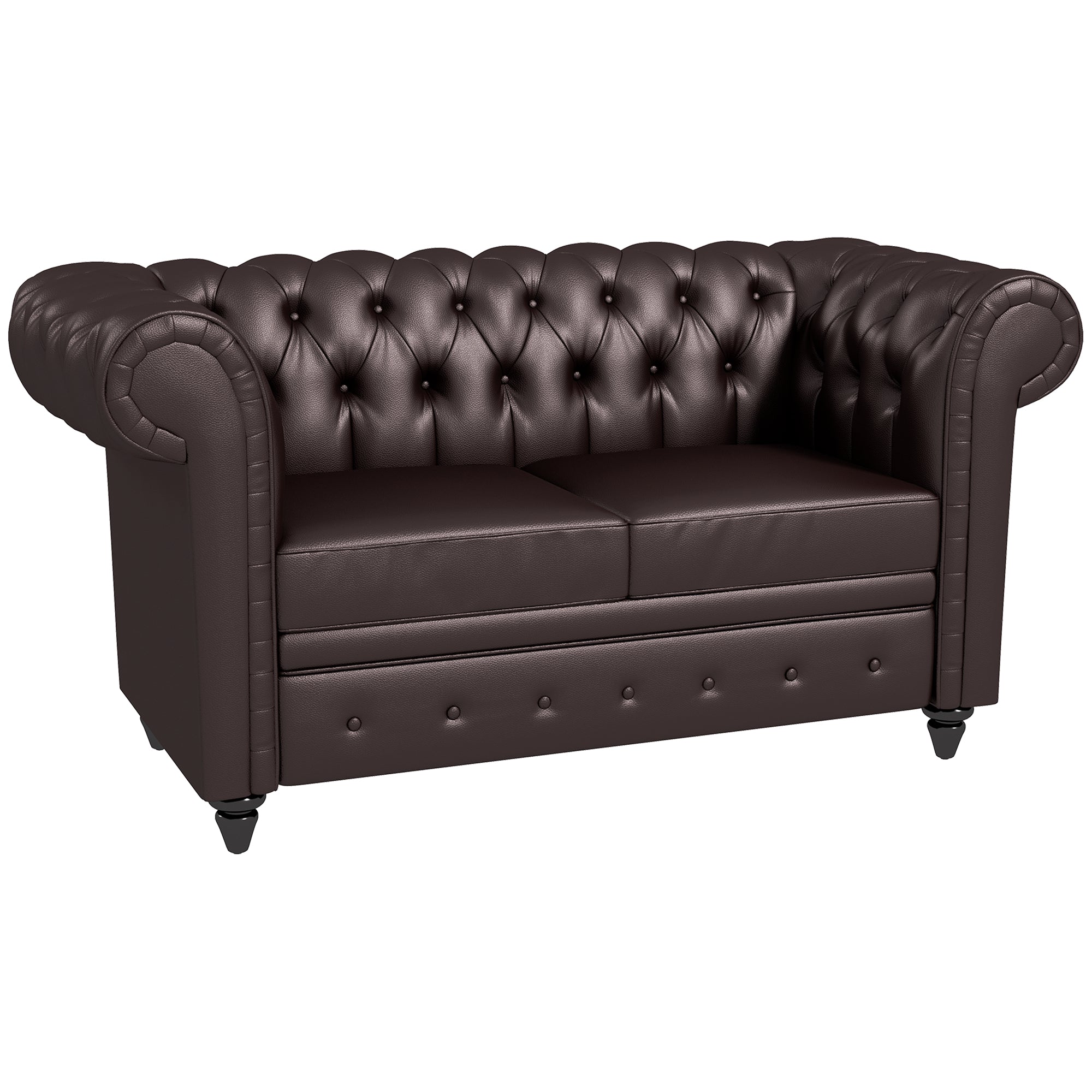 Canapea Chesterfield cu 2 locuri, cu pernă detașabilă, din piele ecologică, lemn și metal, 160x84x80 cm, maro
