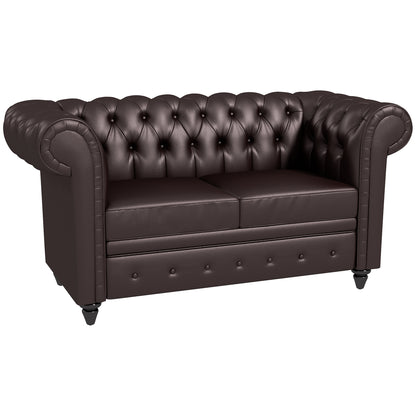 Canapea Chesterfield cu 2 locuri, cu pernă detașabilă, din piele ecologică, lemn și metal, 160x84x80 cm, maro