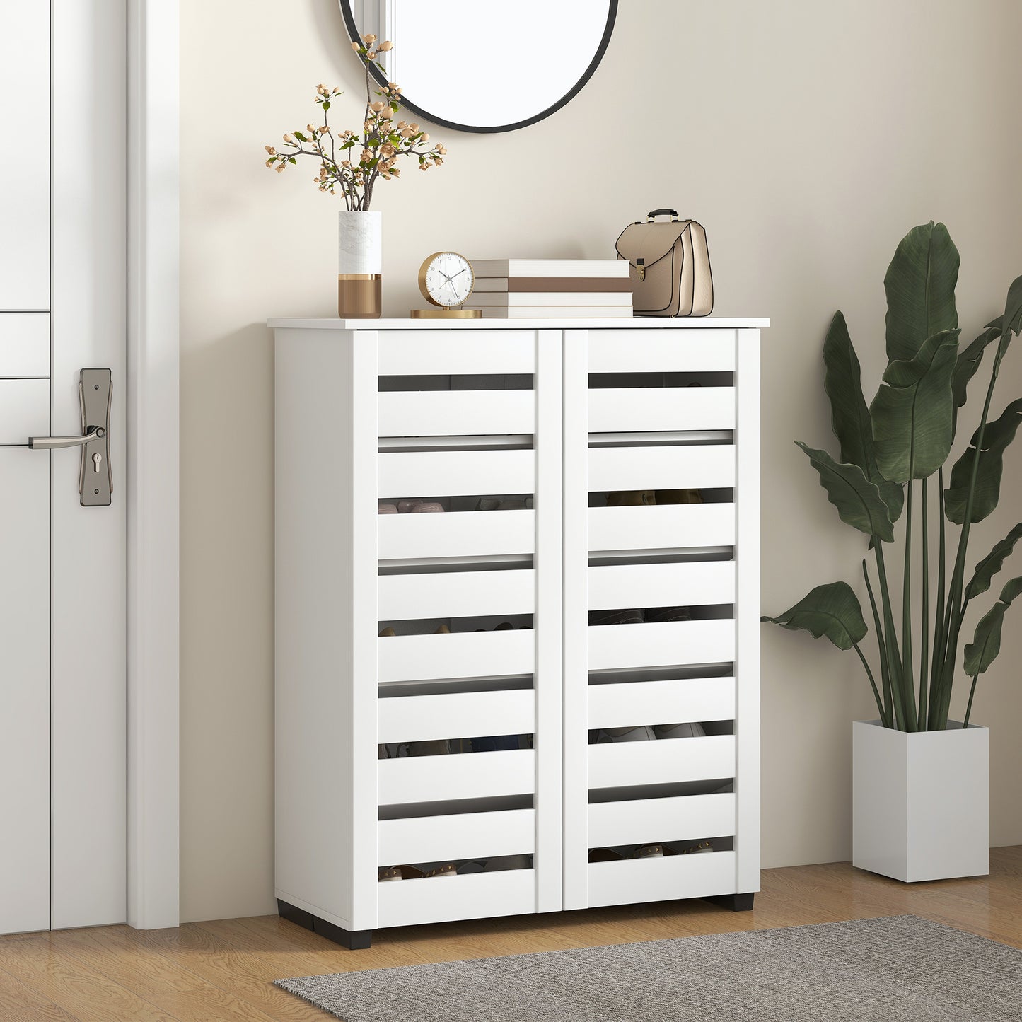 Mobilier pentru Pantofi cu 5 Nivele și 4 Rafturi Ajustabile, Uși cu Lamele, din Lemn, 76x33Px98 cm, Alb