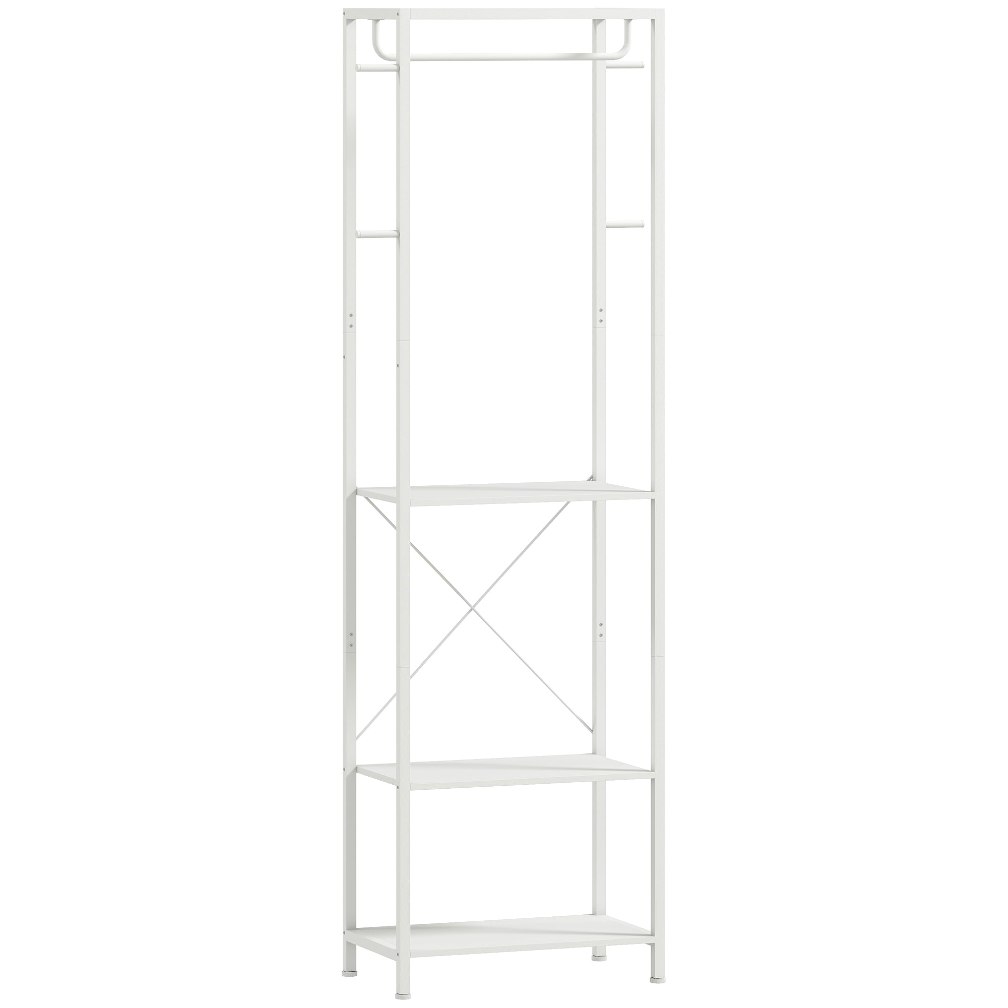 Cuier cu suport pentru pantofi pe 2 niveluri, bară pentru haine, 4 cârlige, raft superior, 52x30x180 cm, alb