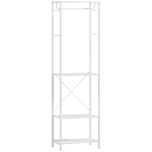 Cuier cu suport pentru pantofi pe 2 niveluri, bară pentru haine, 4 cârlige, raft superior, 52x30x180 cm, alb