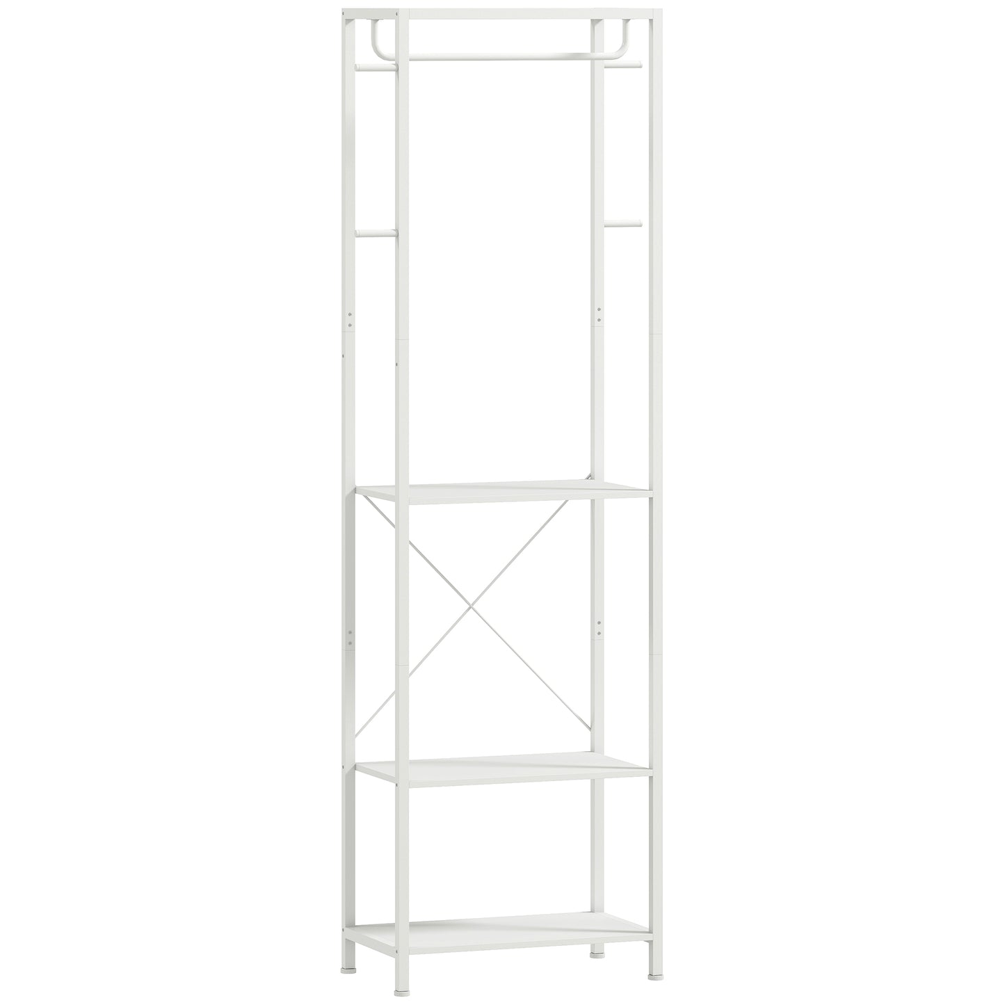 Cuier cu suport pentru pantofi pe 2 niveluri, bară pentru haine, 4 cârlige, raft superior, 52x30x180 cm, alb