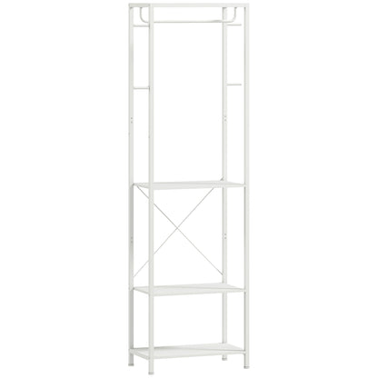 Cuier cu suport pentru pantofi pe 2 niveluri, bară pentru haine, 4 cârlige, raft superior, 52x30x180 cm, alb