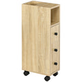 Dulap Coloană de Baie, Turn de Depozitare Slim pe 4 Roți pentru Spații Înguste, Design Compact, Stejar