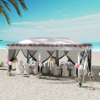 Foisor Pliabil cu 6 Perdele Plasa de Tantari, Foisor de Gradina cu Structura din Otel, 585x295x270cm, Alb Crem