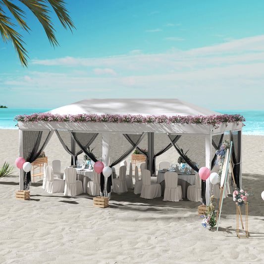 Foisor Pliabil cu 6 Perdele Plasa de Tantari, Foisor de Gradina cu Structura din Otel, 585x295x270cm, Alb Crem