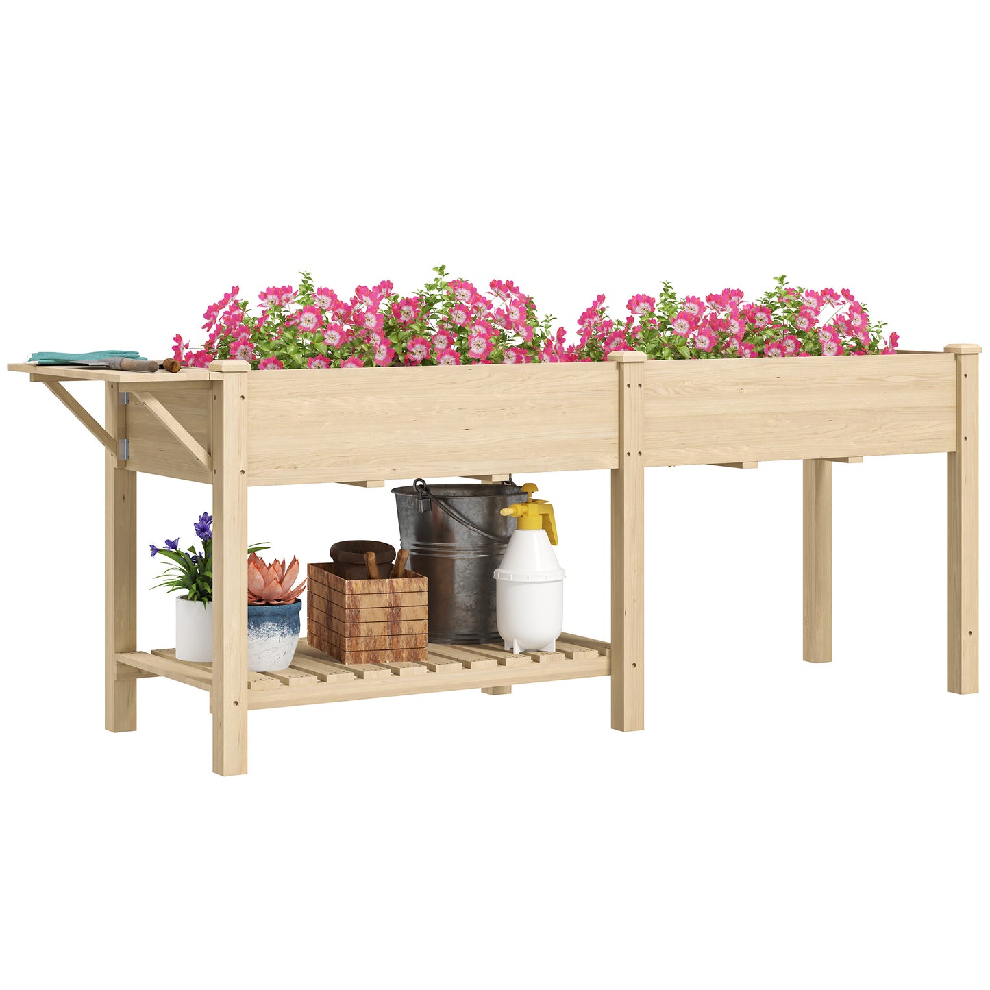 Jardinieră Ridicată cu Măsuță Laterală și Raft pentru Unelte Inferior, din Lemn de Molid, 207x59x78 cm