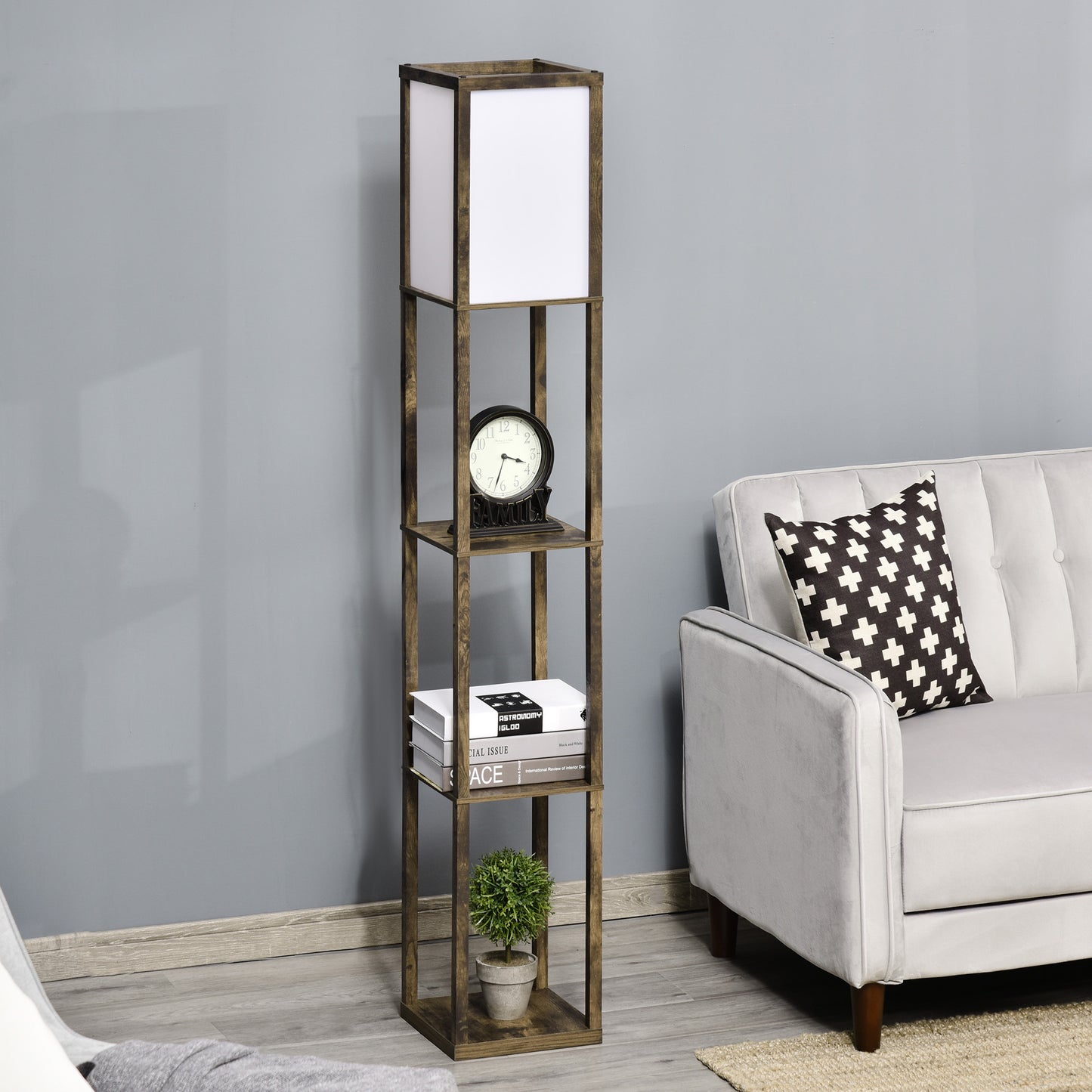Lampă de Podea cu 3 Rafturi Integrate, Design Modern din MDF, 26x26x160 cm, Lemn Natural