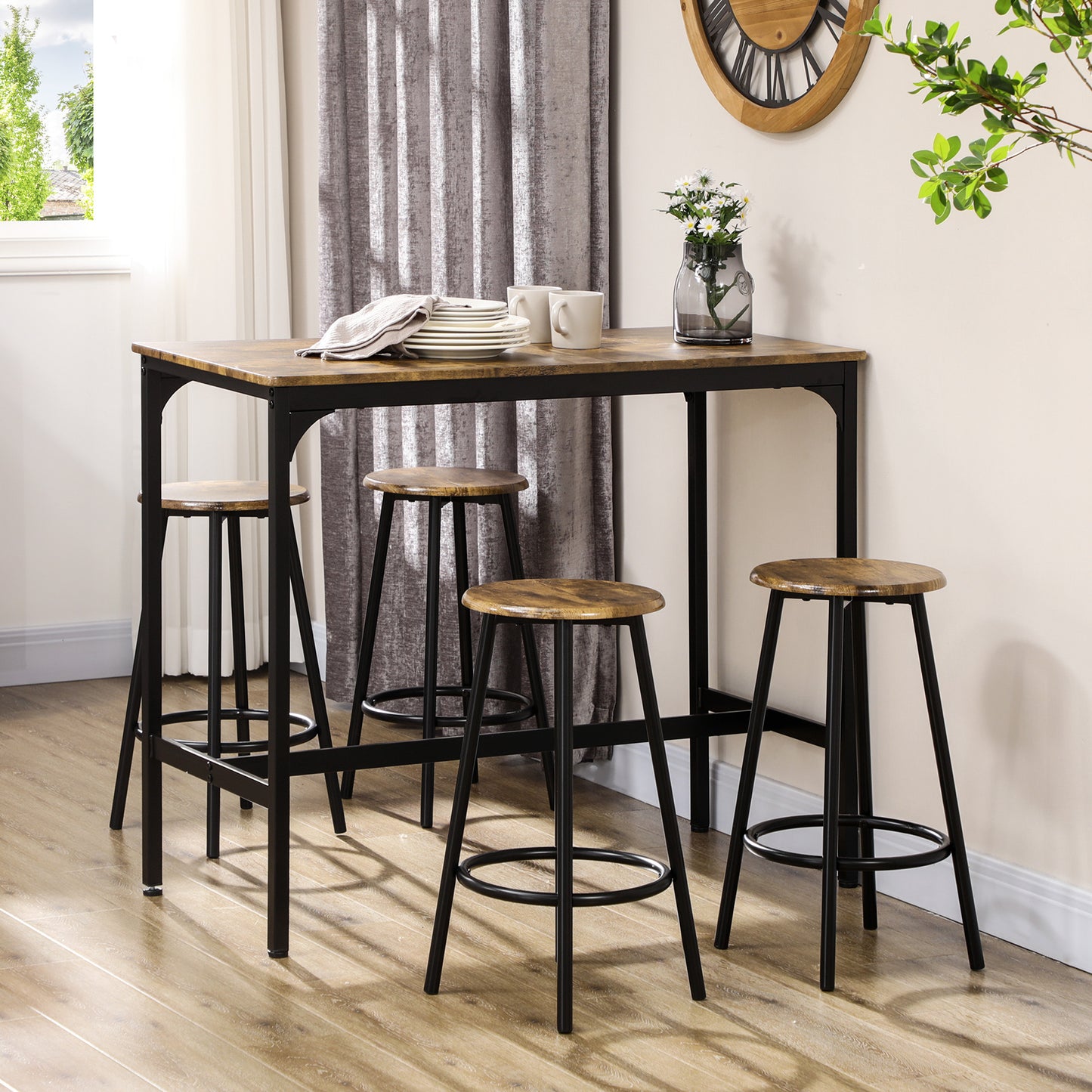 Set de masa si scaune de bar 5 piese, Masa industriala cu economie de spatiu si 4 scaune rotunde de bar cu cadru metalic pentru bar, sufragerie, Maro rustic