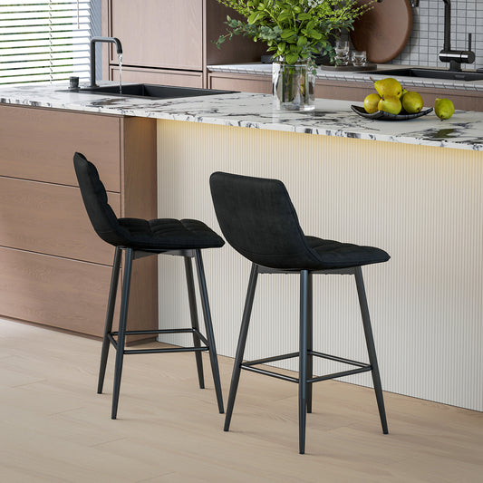 Set 2 Scaune de Bucătărie Stil Nordic din Material Textil cu Efect de Catifea și Metal, 45x47x84 cm, Negru