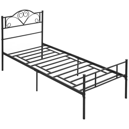 Cadru de Pat Single din Oțel cu Somieră Metalică Integrată, Tăblie și Tetieră incluse, pentru 1 Persoană, 90x200 cm, Negru